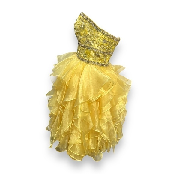 Jovani Prom Short Dress Yellow Tulle Strapless Sparkle Ruffle Glittery 8 - Picture 3 of 8
